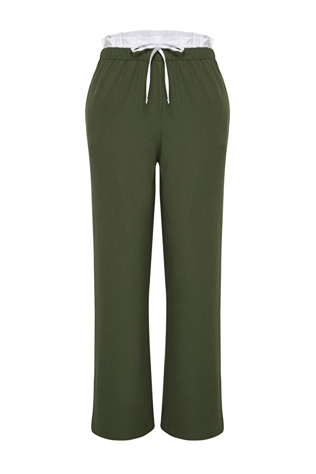 Haki Esnek Belli Wide Leg/Geniş Kesim Dokuma Kumaş Pantolon TBBSS24AR00014 - 6