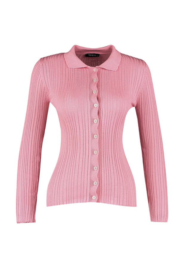 Pembe Merserize Görünümlü Fitilli Polo Yaka Triko Hırka TWOAW20HI0070 - 6