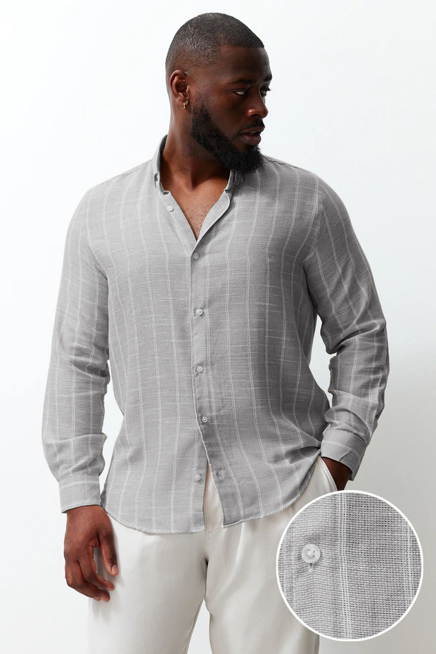 Haki Regular Fit Rahat Düğmeli Yaka Cizgili Büyük Beden Gömlek TMNSS23GO00095 - 3