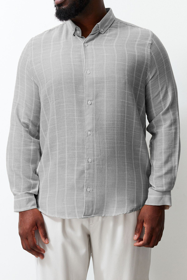 Haki Regular Fit Rahat Düğmeli Yaka Cizgili Büyük Beden Gömlek TMNSS23GO00095 - 4
