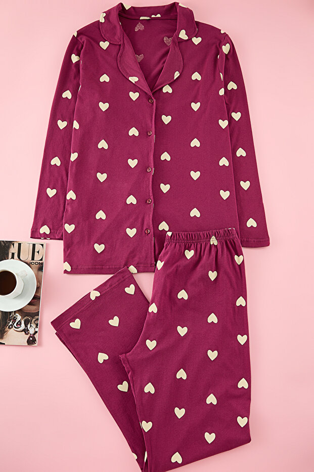 Vişne Kalpli Gömlek Yaka Örme Pijama Takımı TBBAW23AI00019 - 3