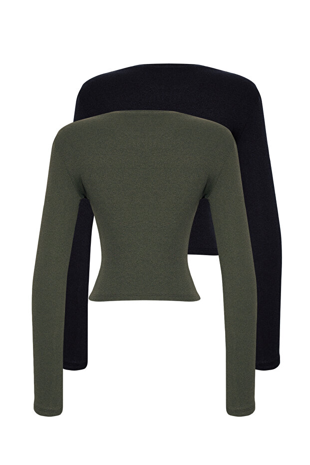 Siyah-Haki 2'li Paket Fitted/Vücuda Oturan Bisiklet Yaka Crop Fitilli Esnek Örme Bluz TWOAW22BZ0331 - 11