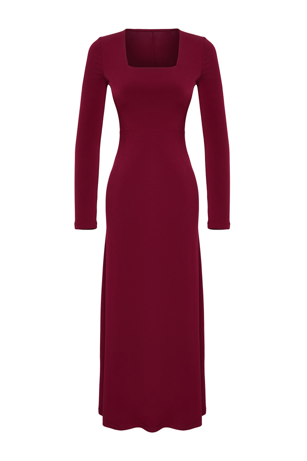 Bordo Maxi Volanlı Kare Yaka Fitted/Vücuda Oturan Maxi Esnek Örme Elbise TWOAW24EL00613 - 6