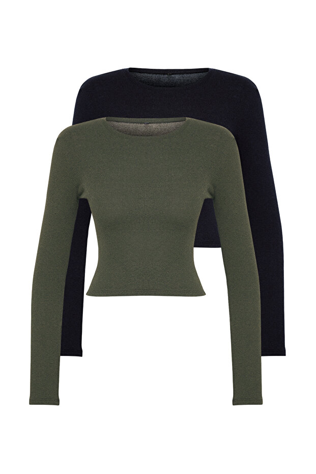 Siyah-Haki 2'li Paket Fitted/Vücuda Oturan Bisiklet Yaka Crop Fitilli Esnek Örme Bluz TWOAW22BZ0331 - 10