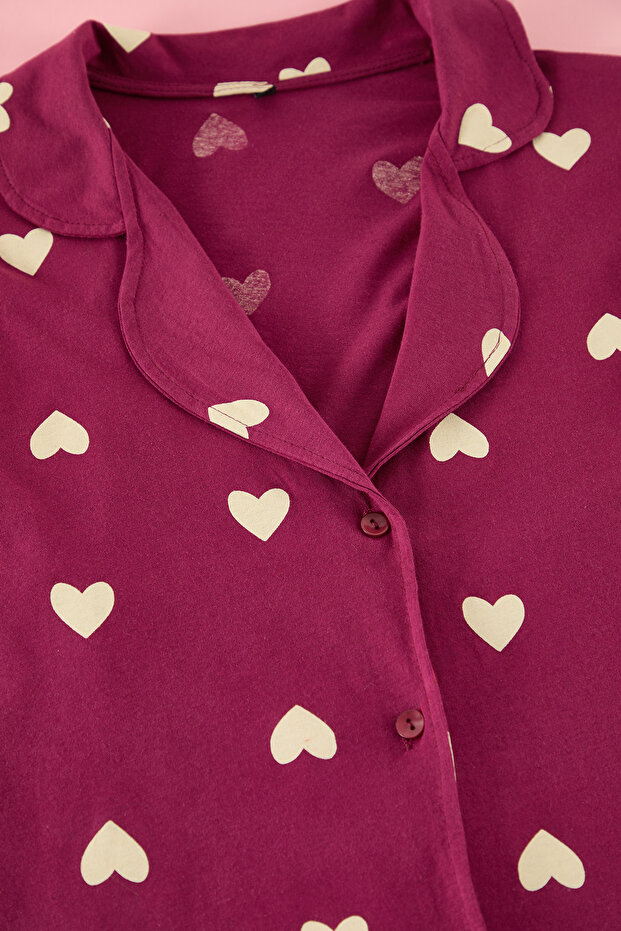 Vişne Kalpli Gömlek Yaka Örme Pijama Takımı TBBAW23AI00019 - 4