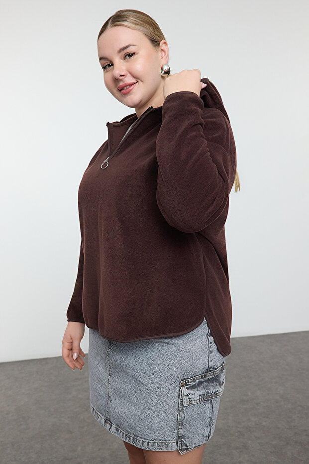 Kahverengi Kalın Polar Kapüşonlu ve Fermuarlı Oversize Örme Büyük Beden Sweatshirt TBBAW25AO00030 - 2