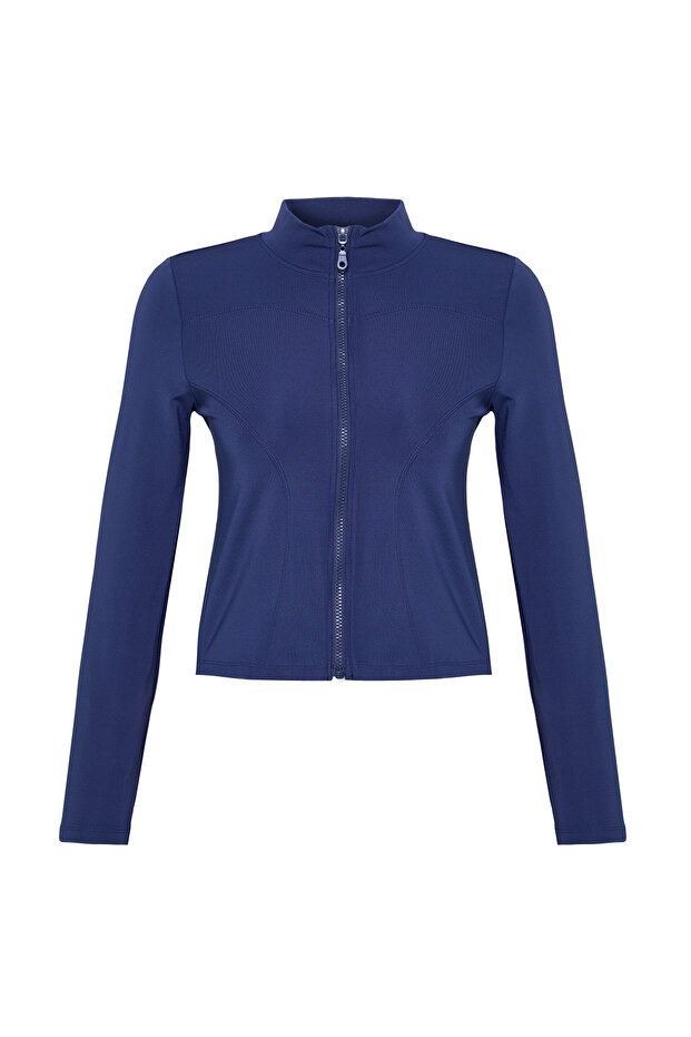 Lacivert Vücuda Oturan Fermuarlı Dik Yaka Örme Spor Ceket/Sweatshirt TWOAW23BZ00592 - 7
