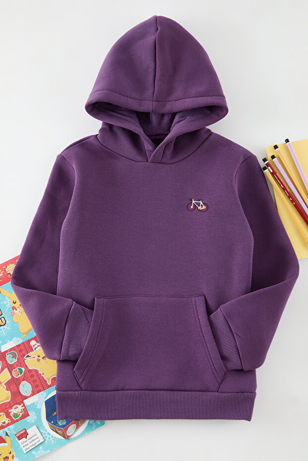 Mor Unisex Baskılı Pamuklu Kapüşonlu Örme Mini Me Sweatshirt TKDAW25SW00077 - 1