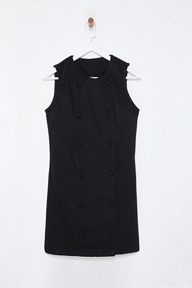 Siyah Düğme Detaylı Kruvaze Mini Denim Elbise TWOSS25EL00009 - 6