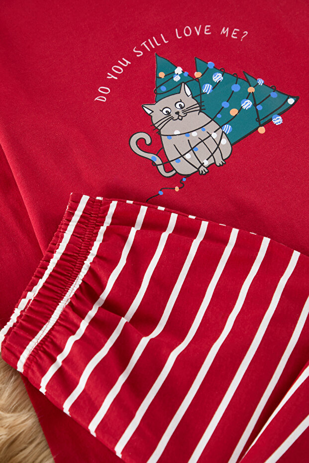 Kadın Couple/Çift Bordo %100 Pamuklu Çizgili Yılbaşı Temalı Örme Pijama Takımı THMAW25PT00164 - 4