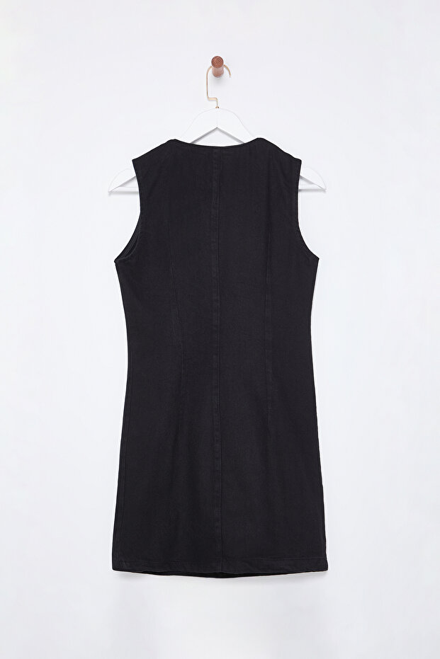 Siyah Düğme Detaylı Kruvaze Mini Denim Elbise TWOSS25EL00009 - 8