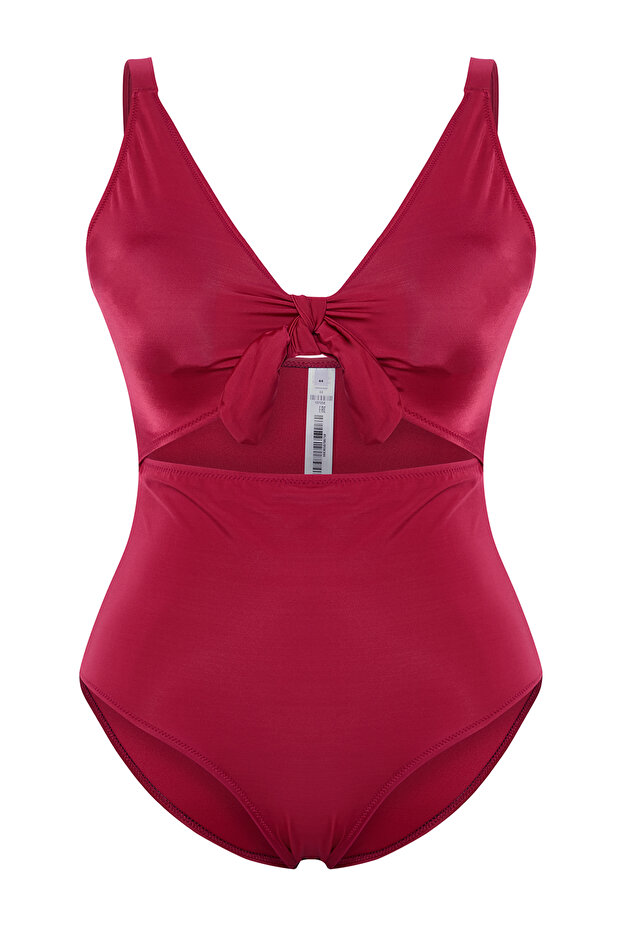 Bordo Derin V Yaka Cut-Out Bağlamalı Atma Kaplı Büyük Beden Mayo TBBSS22MA0302 - 4