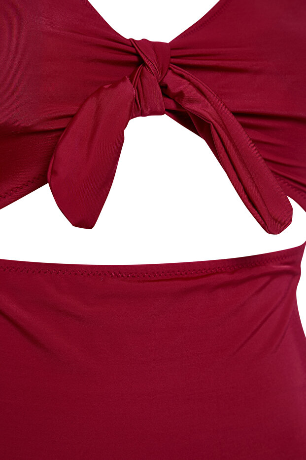 Bordo Derin V Yaka Cut-Out Bağlamalı Atma Kaplı Büyük Beden Mayo TBBSS22MA0302 - 6