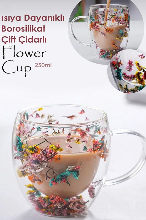 250 ML Dekoratif Kurutulmuş Çiçekli | Çift Cidarlı Isıya Dayanıklı Borosilikat Kupa Bardak - 3