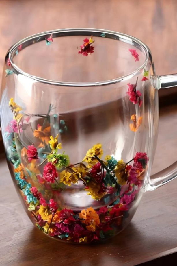 250 ML Dekoratif Kurutulmuş Çiçekli | Çift Cidarlı Isıya Dayanıklı Borosilikat Kupa Bardak - 5