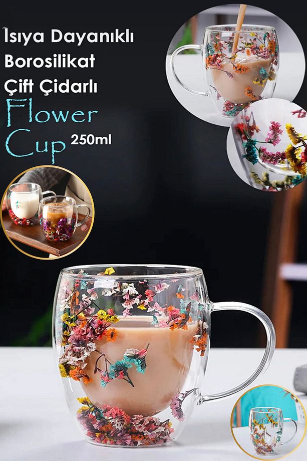 250 ML Dekoratif Kurutulmuş Çiçekli | Çift Cidarlı Isıya Dayanıklı Borosilikat Kupa Bardak - 1