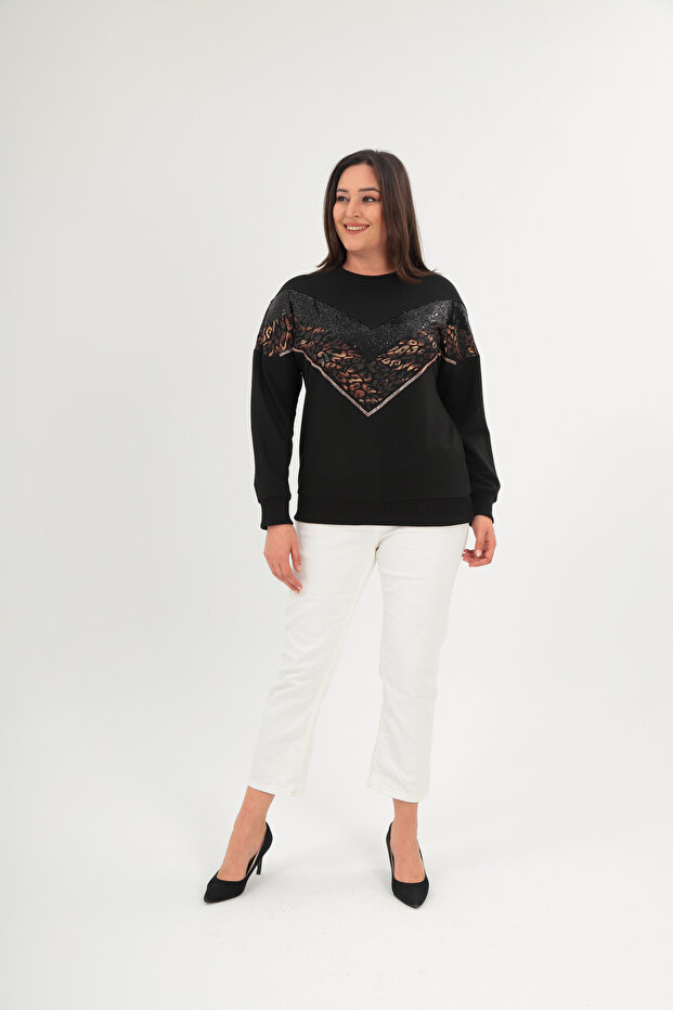 Plus Size Black Sequin Sequined and Stonework Leopard Print V Block Sweatshirt - 65N38659 - 5