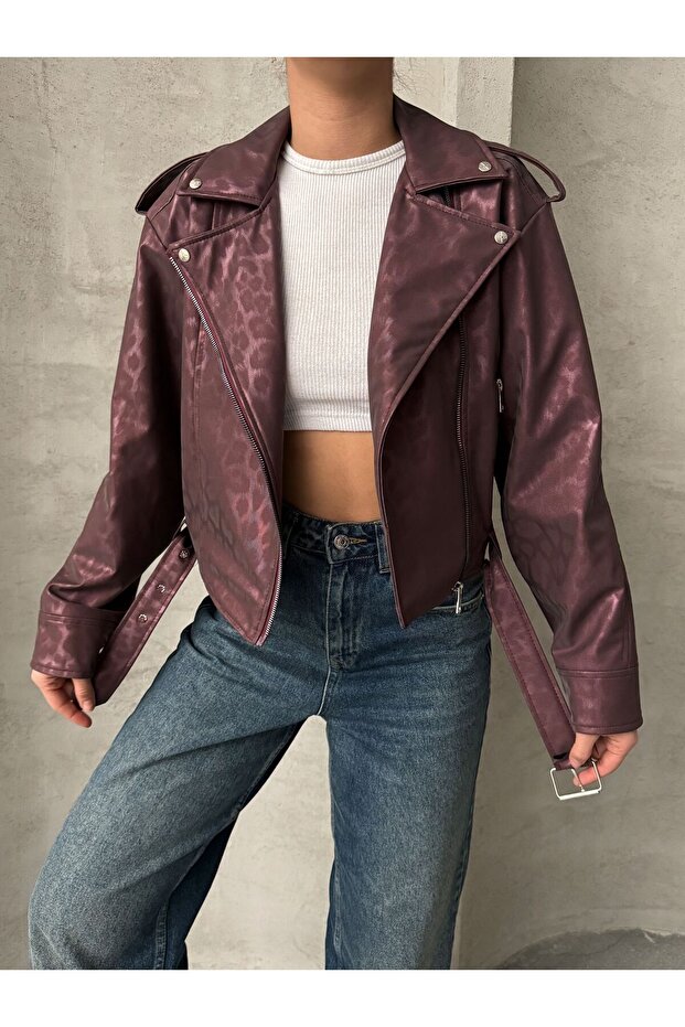 Oversized kožená leopardí bunda s páskem - 1