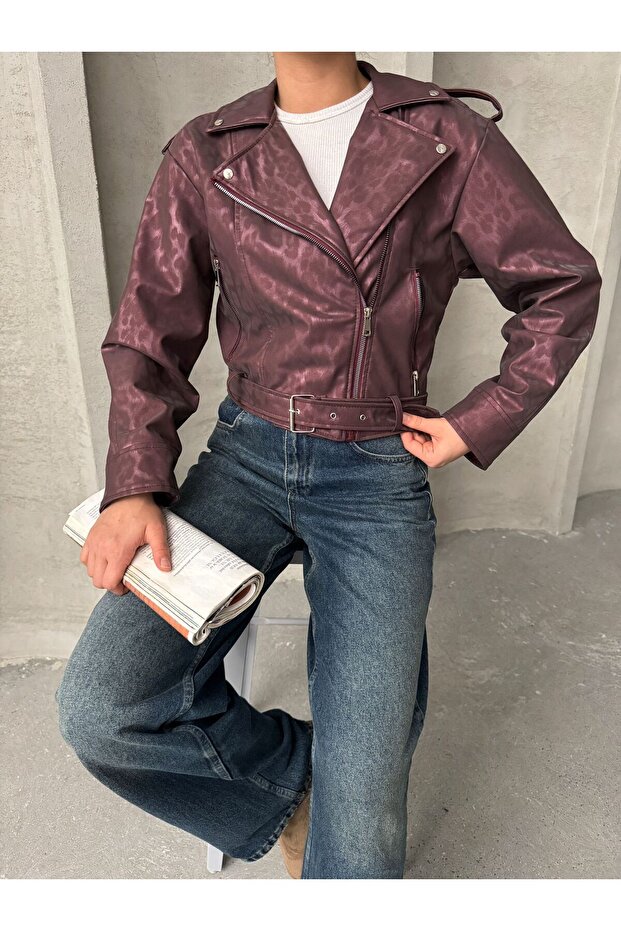 Oversized kožená leopardí bunda s páskem - 3