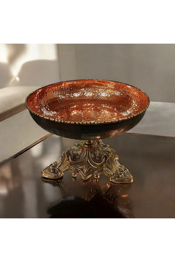 Bakır Meyvelik Bakır Kurabiyelik Bakır Şerlik Çekiç Desenli El Yapımı Ayaklı Model Eskitme Model - 9