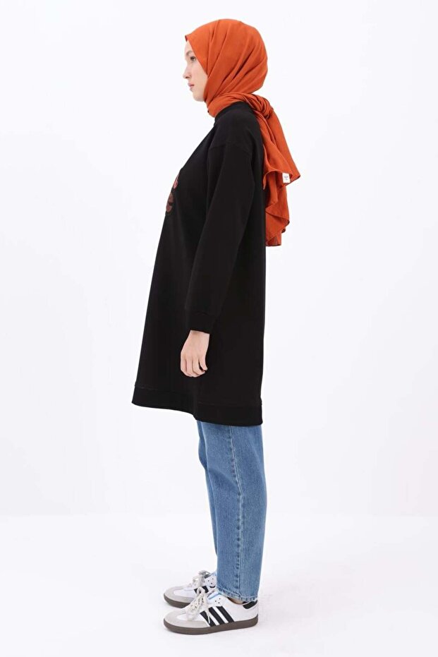 Siyah-APLİKE NAKIŞLI SWEAT TUNİK - 3