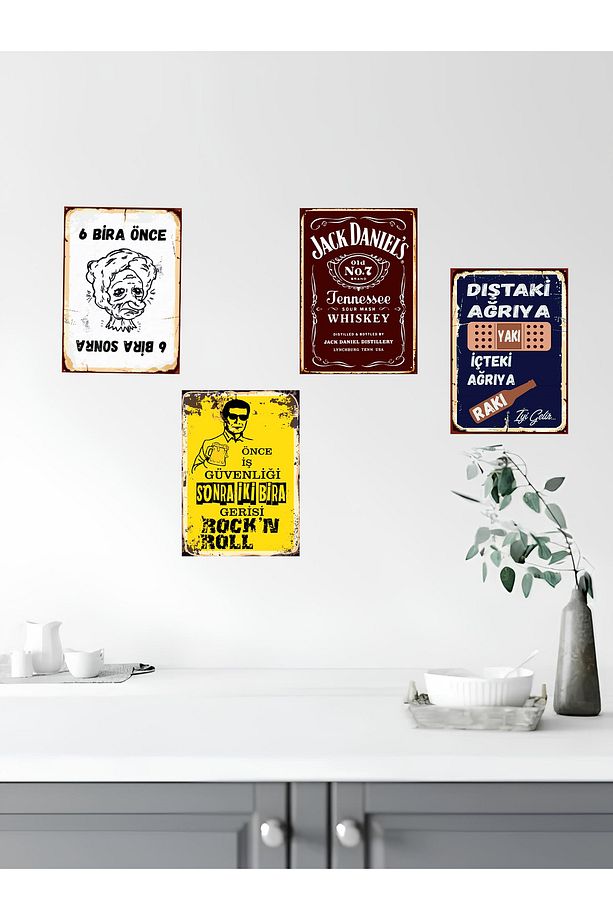 4 Parça Komik Duvar Yazıları Retro Mdf Ahşap Poster Tablo Seti - 1