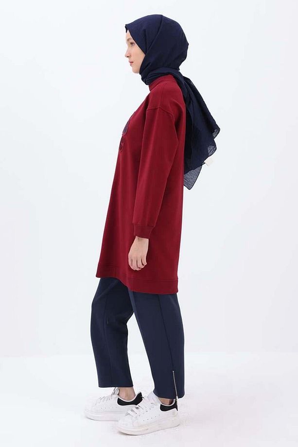 Vişne-APLİKE NAKIŞLI SWEAT TUNİK - 3
