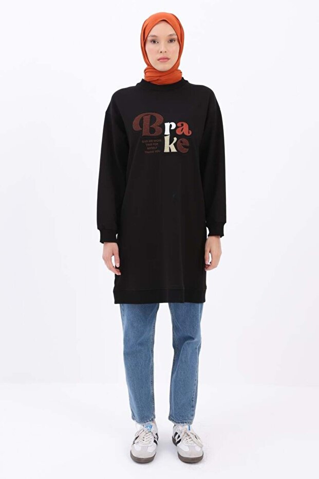 Siyah-APLİKE NAKIŞLI SWEAT TUNİK - 2