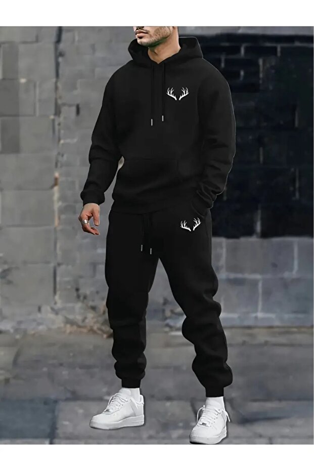 Unisex Tracksuit Deer Horns Printed Hooded