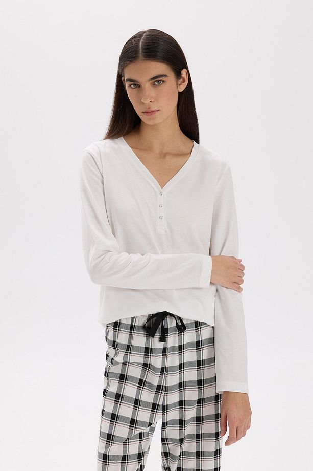 Fall in Love Pijama Takımı Uzun Kollu V Yaka Üst Kareli Esnek Belli Uzun Alt D2274AX24WN - 4