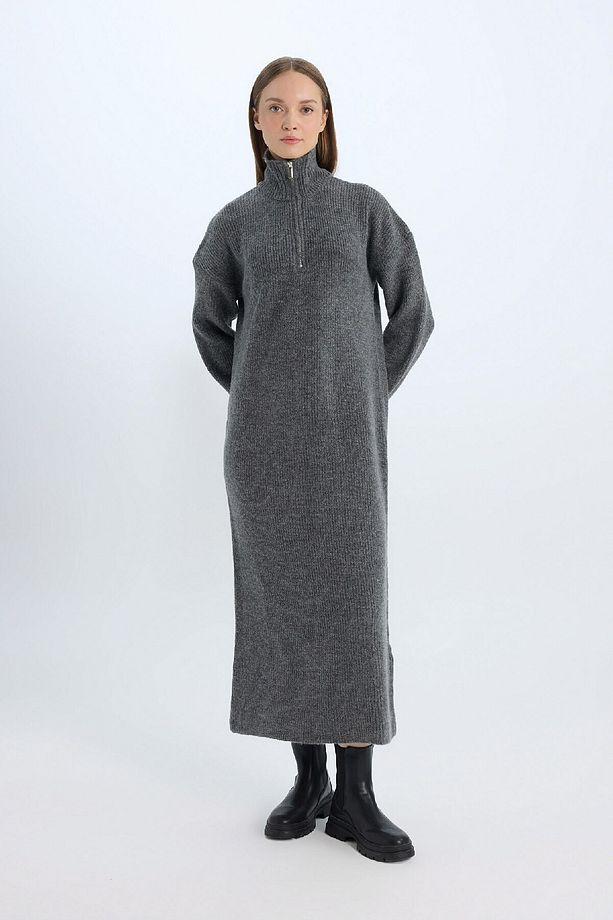 Regular Fit Fermuarlı Dik Yaka Uzun Kollu Triko Maxi Elbise	 B0195AX24WN - 2