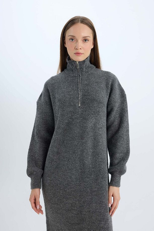 Regular Fit Fermuarlı Dik Yaka Uzun Kollu Triko Maxi Elbise	 B0195AX24WN - 3