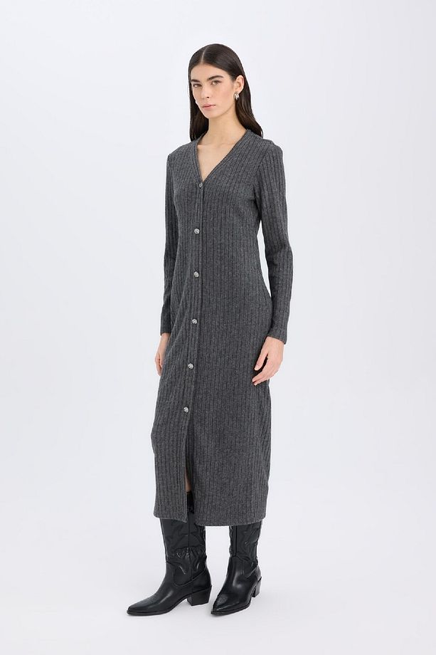 Bodycon Vücudu Saran Basic Düz V Yaka Düğmeli Fitilli Kaşkorse Midi Uzun Kollu Elbise B3261AX24WN - 1