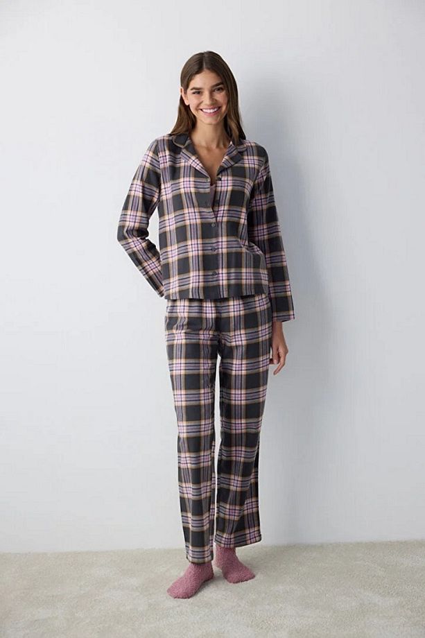 Pamuklu Halie Checked Antrasit Gömlek Pantolon Pijama Takımı - 2