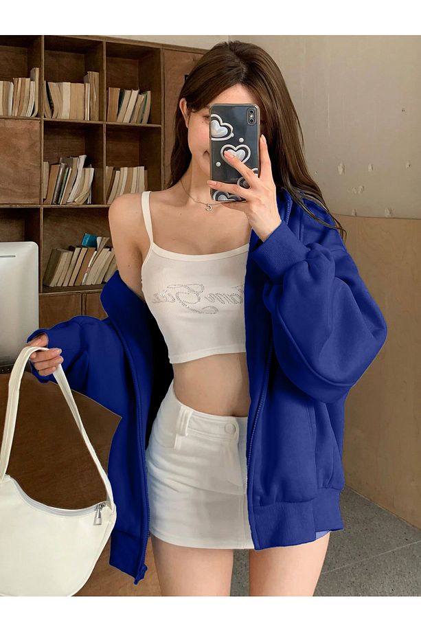 Recreational Kalın Hırka - Sax Mavi Baskılı Kışlık Oversize Kapüşonlu Fermuarlı Cepli Hırka - 2
