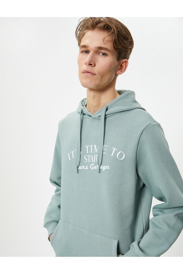 Slogan Printed Hoodie Hooded Kangaroo Pocket Detailed