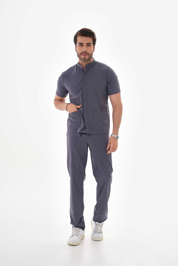 Men's Surgical Suit Scrubs with Lycra Smoked Judge Collar Snap Detail