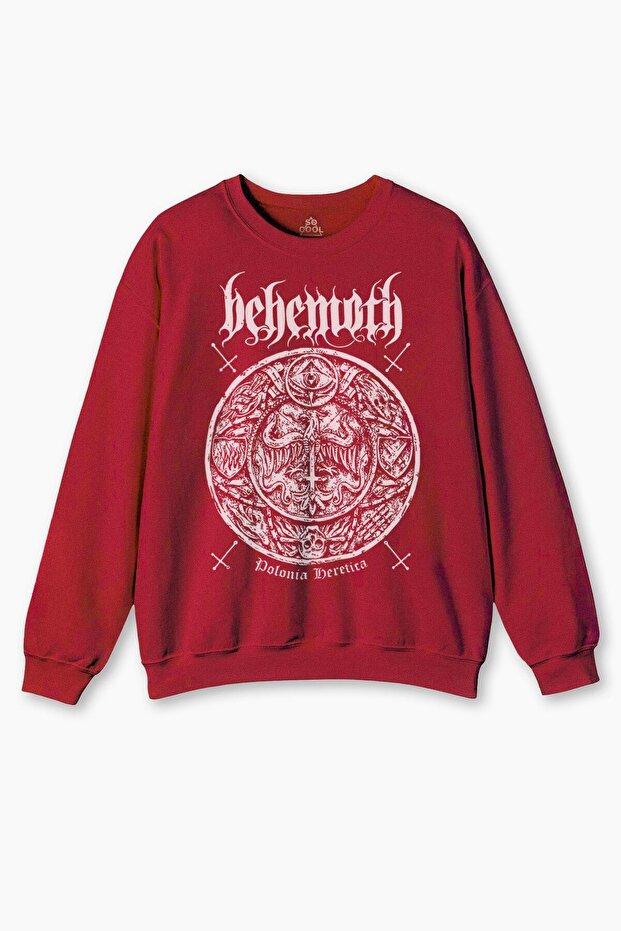 سويت شيرت برقبة دائرية من Behemoth Metal Rock Skull مطبوع باللون الأحمر
