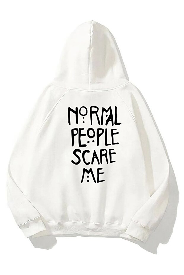 Unisex Oversize Sweatshirt Hoodie Normal People Scare Me Printed White – Hooded, 3 Thread Fleece