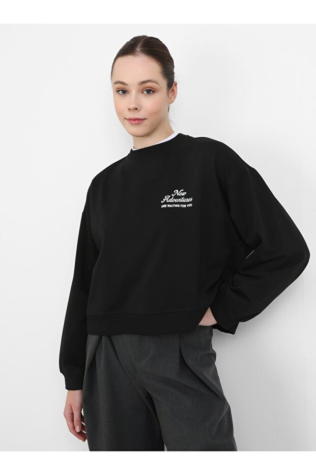 Baskı Detaylı Oversize Sweatshirt - Siyah - - 1