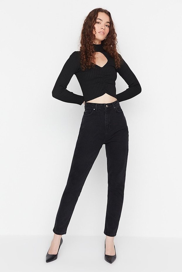 Women's Non-Fading Black Super High Waist Comfort Lycra Mom Denim Trousers Jeans