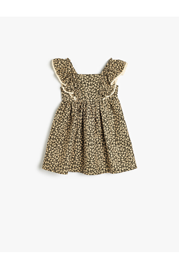 Strappy Flannel Dress with Ruffled Cotton Floral Print Detail