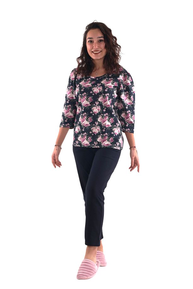 Antrasit, Pembe Çiçek Desenli Pijama Üstü (büyük Beden Seçeneğiyle) - 1