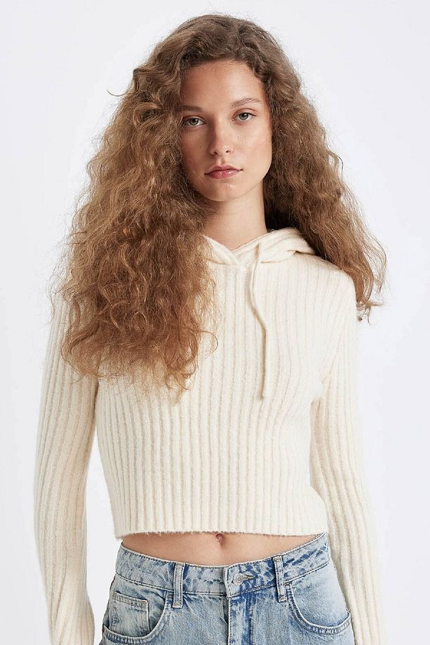 Regular Fit Basic Düz Kapüşonlu Crop Triko Kazak C7333ax24wn - 1