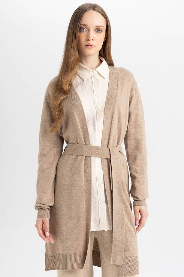 Regular Fit Basic Düz Kuşaklı Uzun Triko Hırka Z9026az24wn - 1