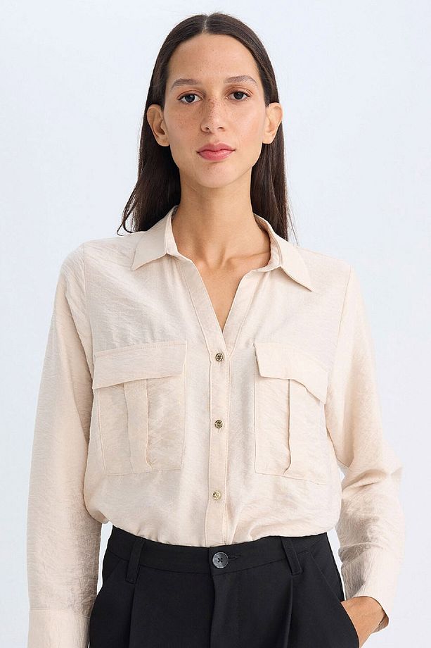 Oversize Geniş Kalıp Basic Düz Çift Cepli Uzun Kollu Viskon Gömlek D4739ax24au - 1