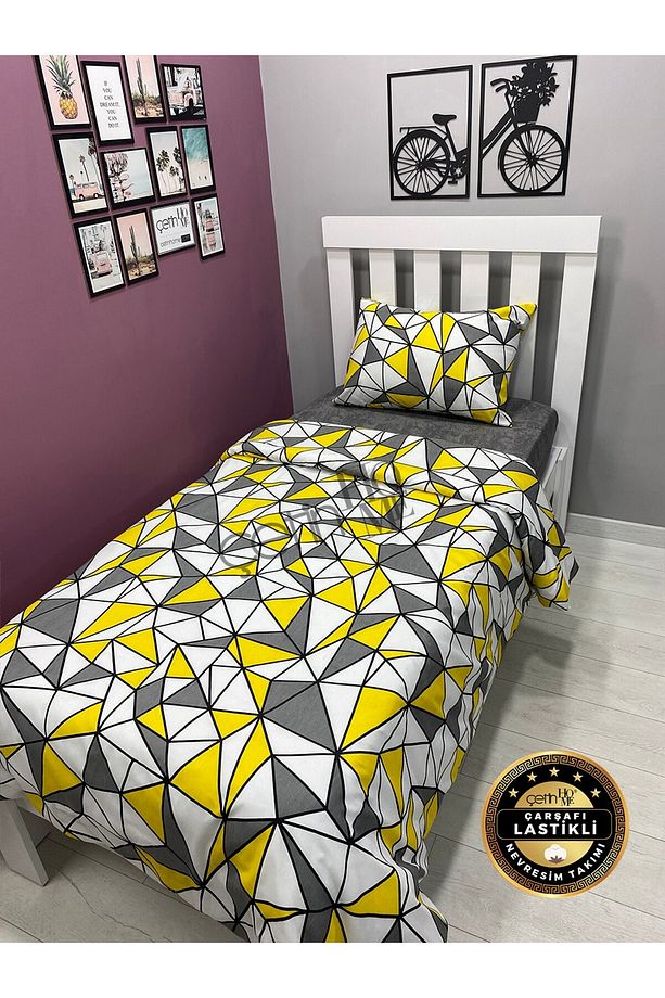 Çetinhome Çarşafı Lastikli Tek Kişilik Nevresim Takımı Sarı Piramit - 7