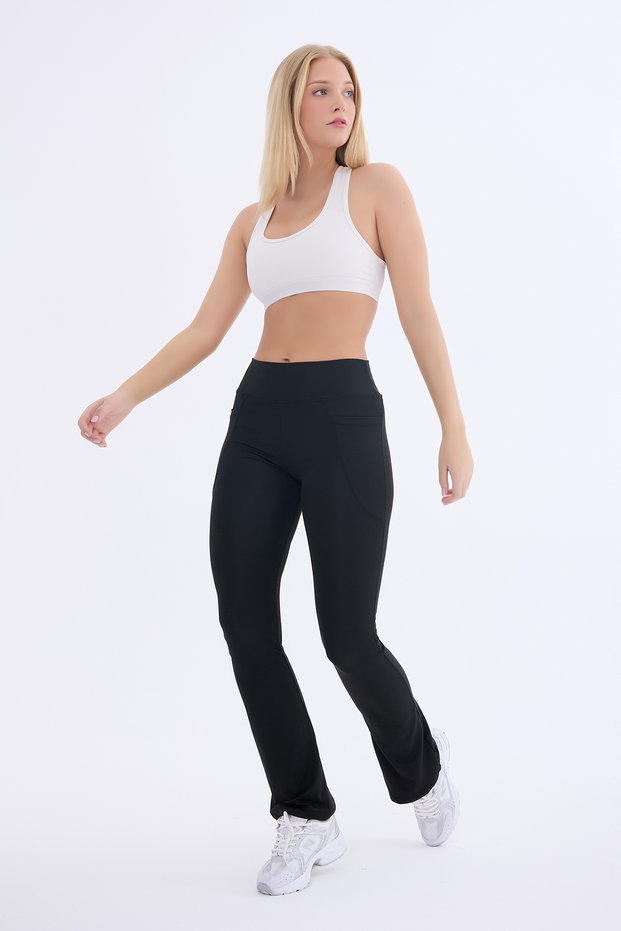 Women's Black High Waist Recovery Double Pocket Flared Leg Leggings