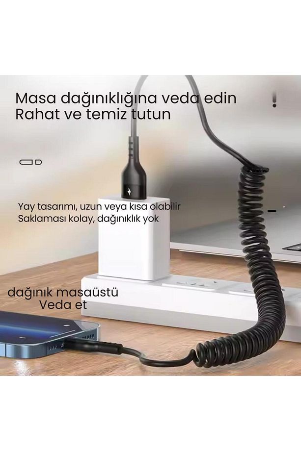 5a 66w Spiral Usb To Type C Şarj Ve Data Kablosu,1-1,5 Metre Kısayıp Uzayabilen Elastik Kablo - 4