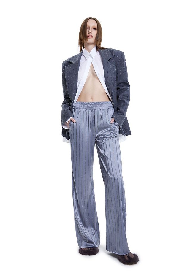 Luminescent Crystal Pant In Gray Kadın Gri Taş Şerit Detaylı Parlak Düz Kesim Pantolon - 2
